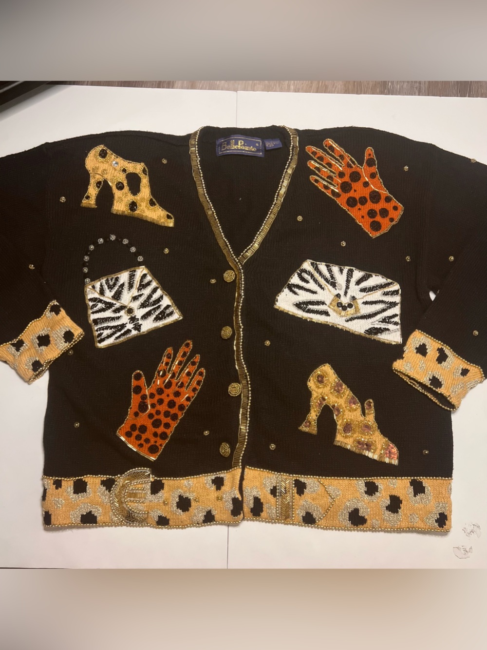Rare Vintage 90s BellePointe Art to Wear Beaded Animal Print Cardigan Size L